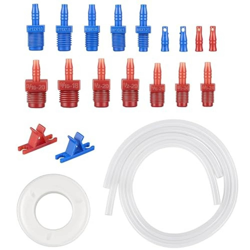 Brake bleeder kit set with blue and red fittings, hose, and white sealing disc