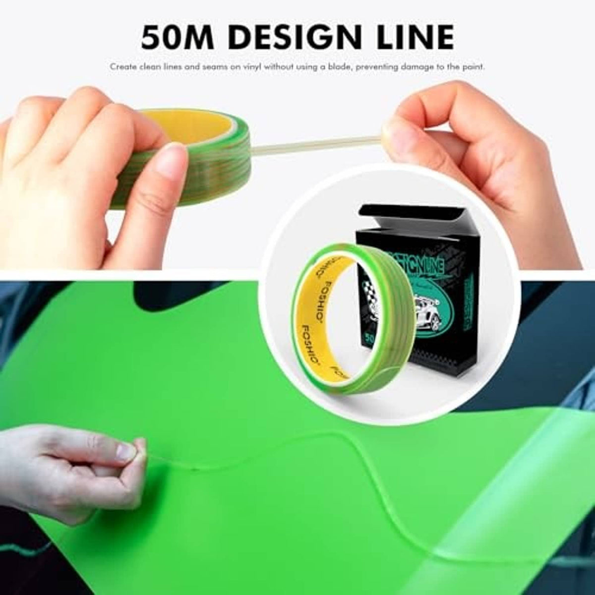 Vinyl wrap design line tape roll, 50m shown with hands holding the tape