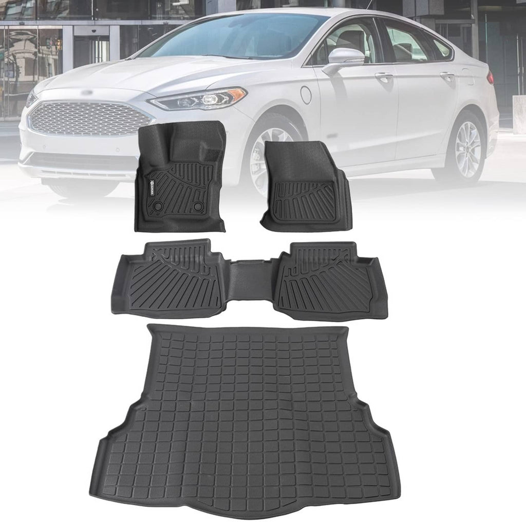 Black rubber floor mats set shown with a white sedan, front mats and trunk liner included