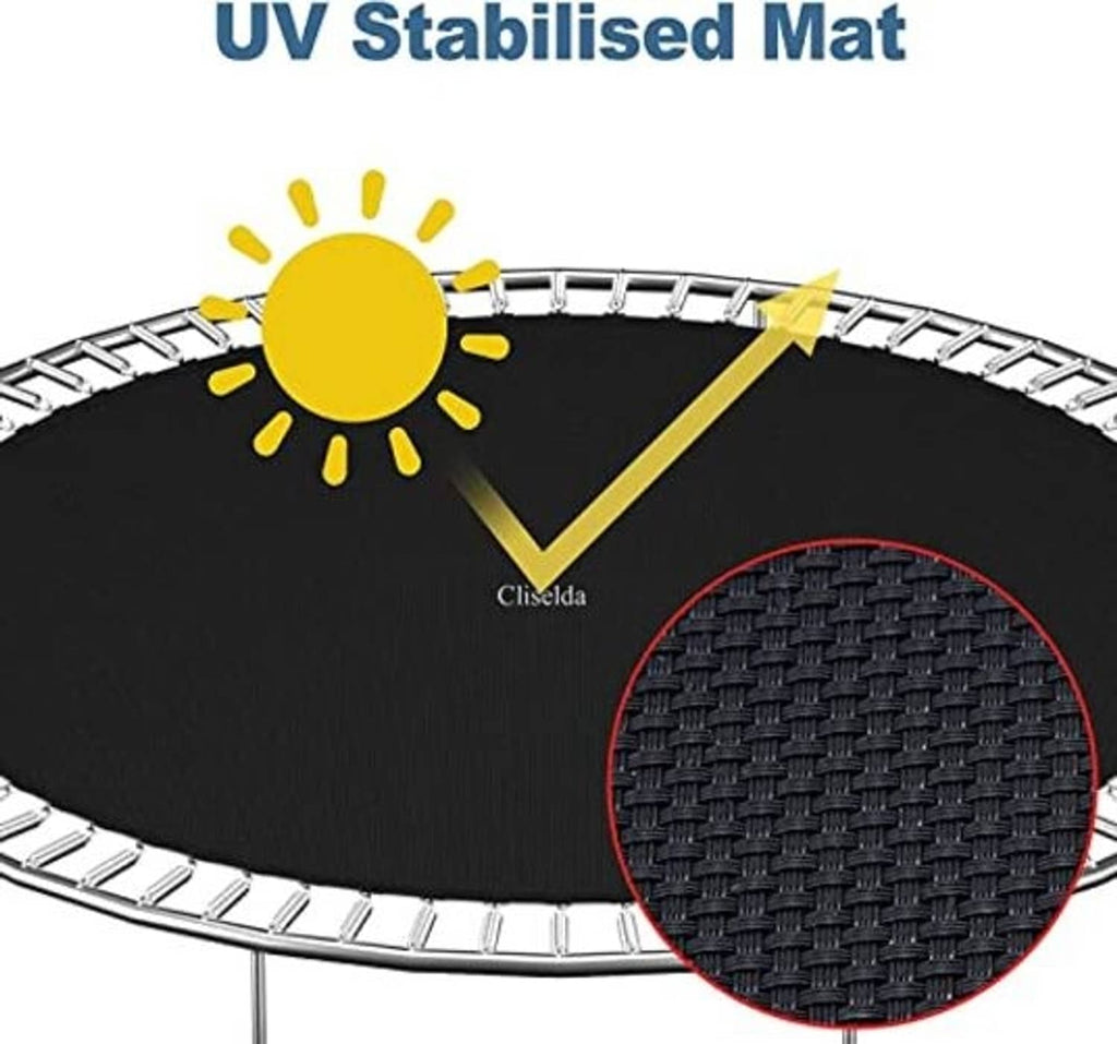 Black trampoline replacement mat with UV-stabilized surface and woven texture inset