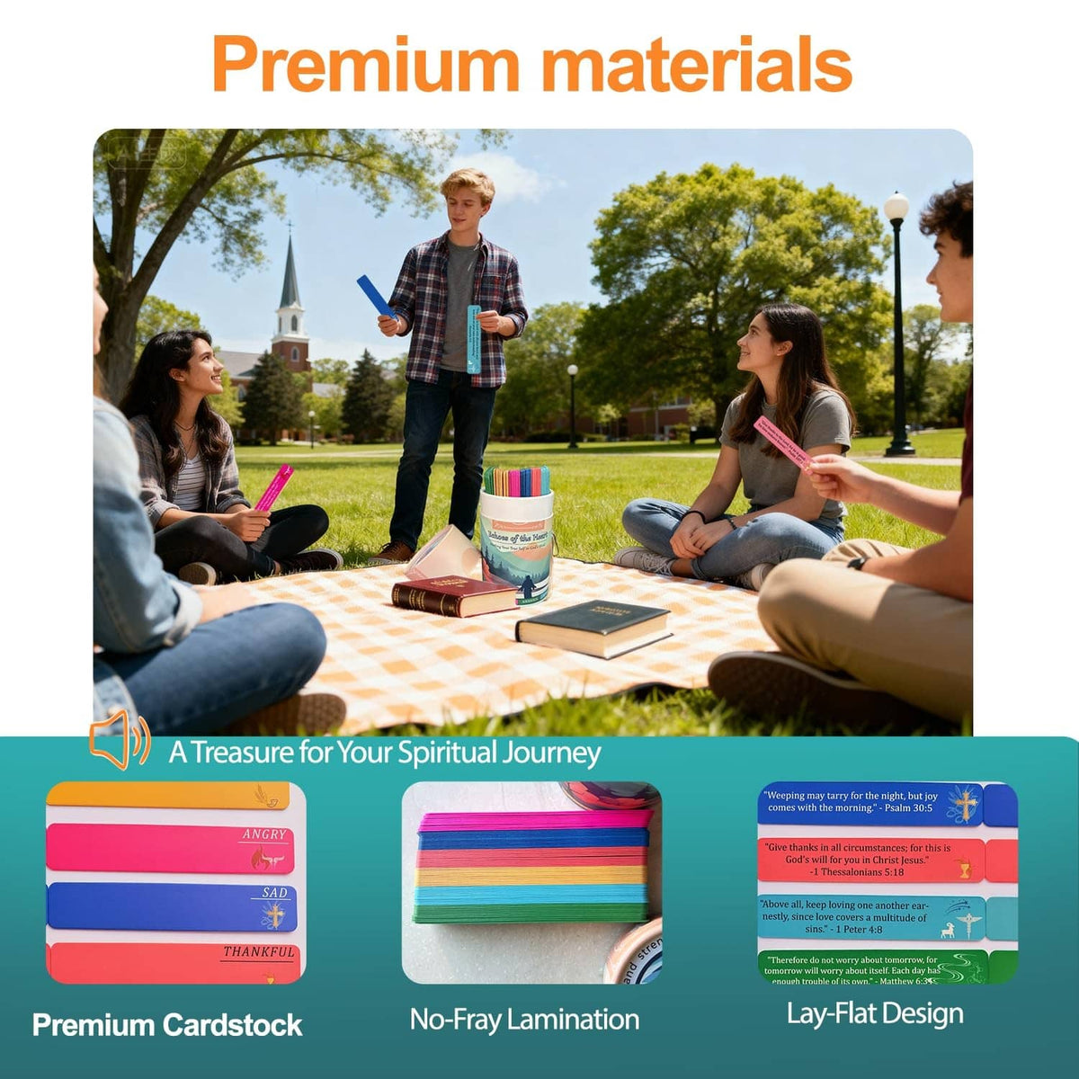 Color-coded scripture cards with jar, shown in premium cardstock and laminated styles