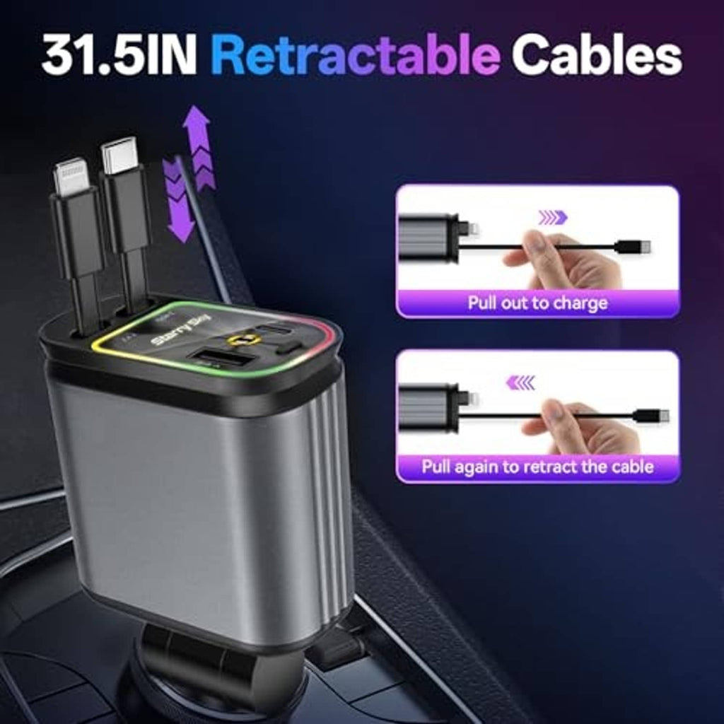 Retractable car charger base with illuminated top panel and two charging plugs