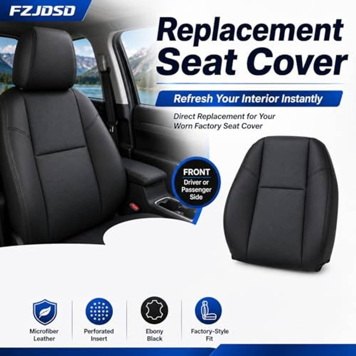 Black replacement front seat cover in leather-look with padded headrest shape