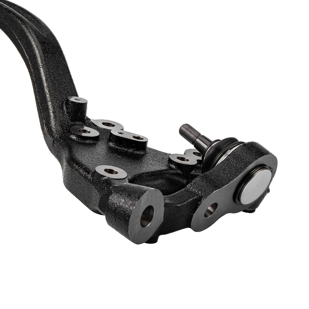 Front steering knuckle assembly, black metal with mounting holes and threaded stud