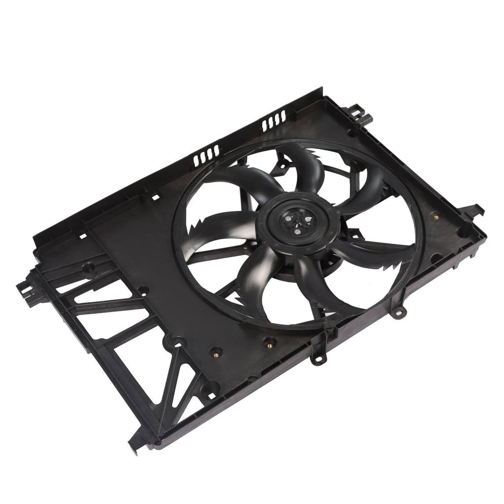 Radiator cooling fan assembly, black fan motor housing with four curved blades