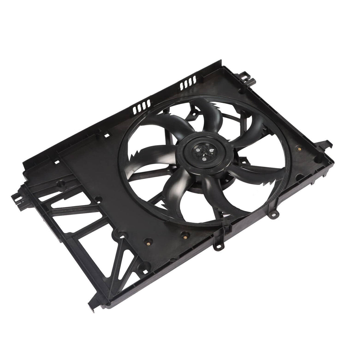 Radiator cooling fan assembly, black fan motor housing with four curved blades