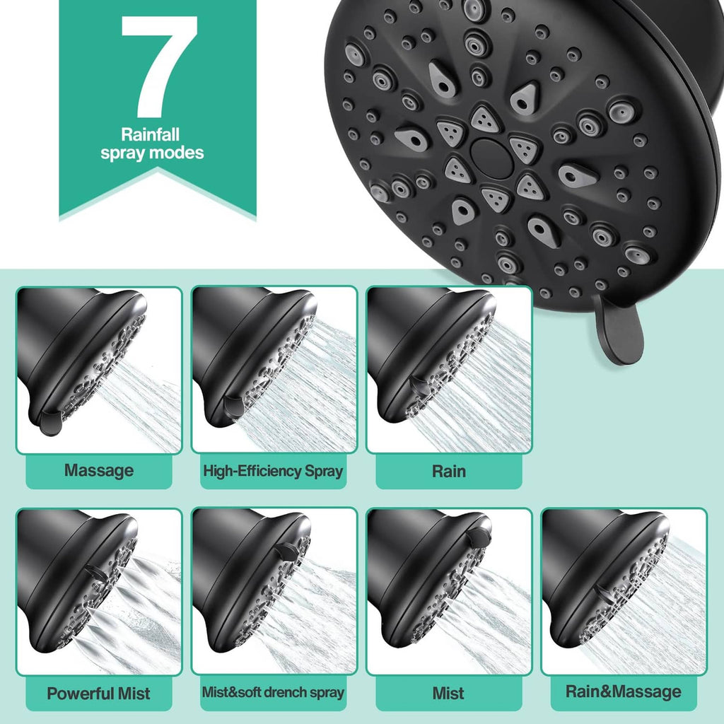 Black Cobbe shower head with multi-mode spray pattern face and stream water