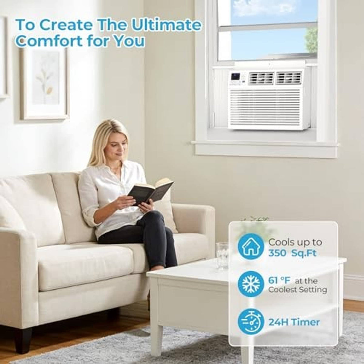 White window air conditioner installed in window with front grille and control panel