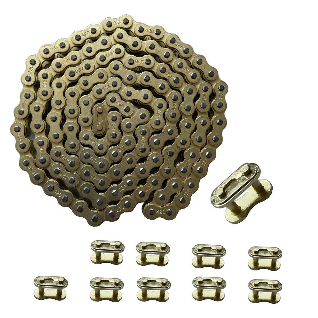 Gold motorcycle drive chain with 132 links, master link, and link clips