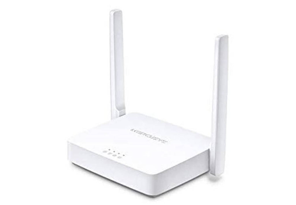 White Wi‑Fi router with two antennas, top and front panel in view