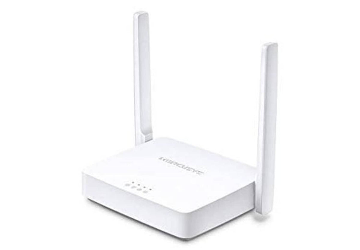 White Wi‑Fi router with two antennas, top and front panel in view