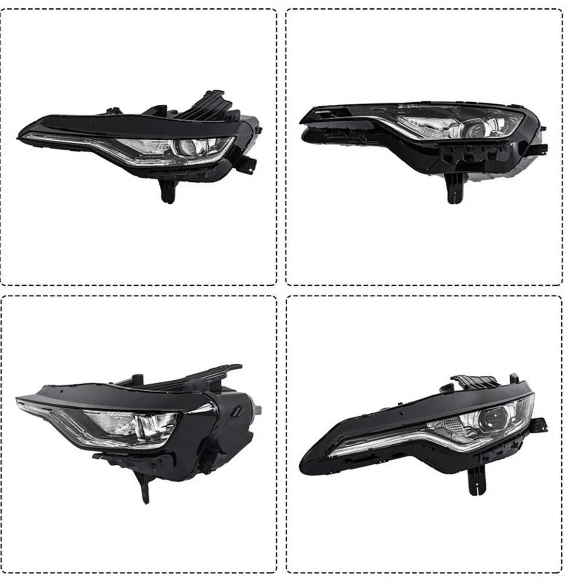 LED DRL headlight pair with black housings and clear lenses, multiple angles