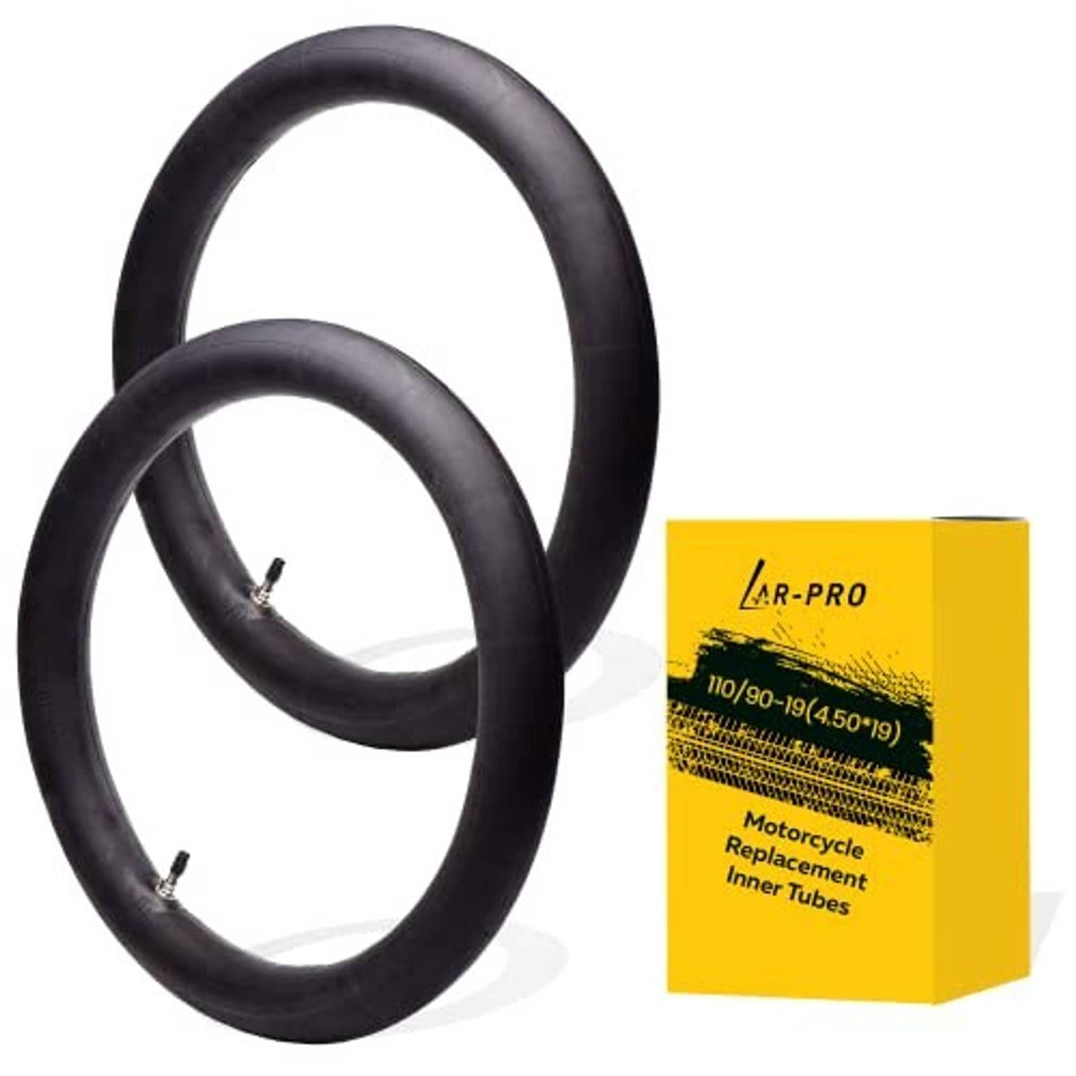 Two black motorcycle inner tubes with AR-PRO branding and valve stems, with yellow box