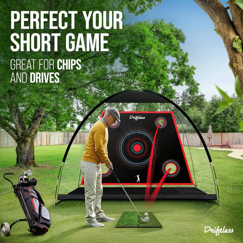 Black golf practice net with red border and illuminated-style target circles