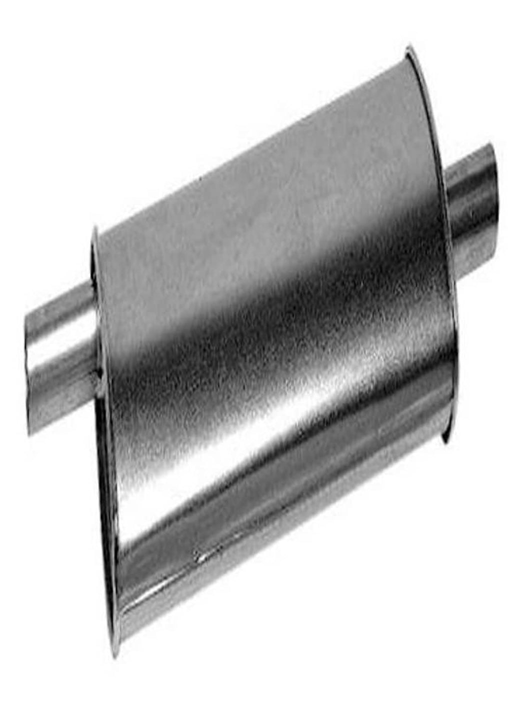Universal exhaust muffler, silver cylindrical body with two pipe connections on ends