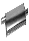 Universal exhaust muffler, silver cylindrical body with two pipe connections on ends