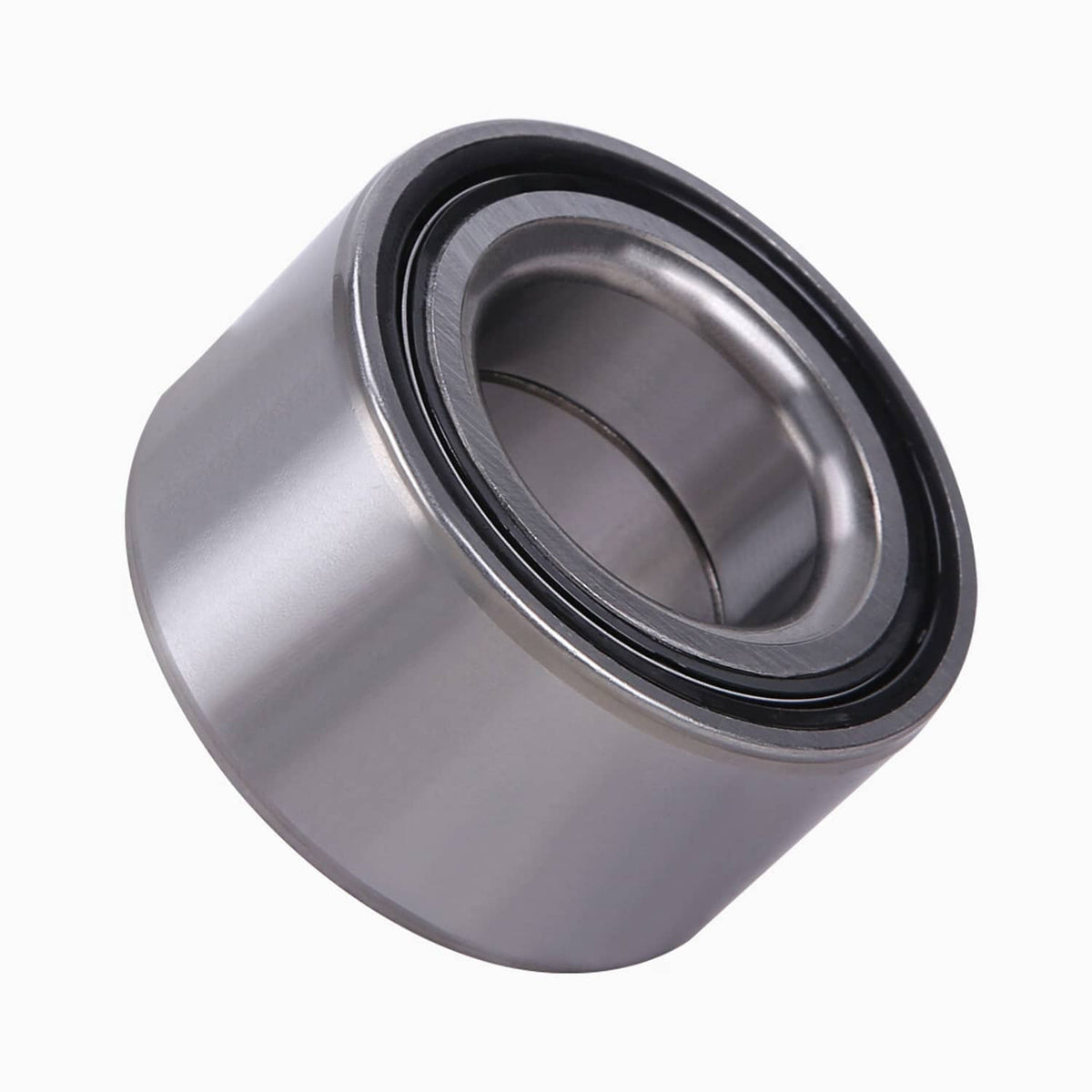 Wheel bearing angled close-up with inner steel race and black sealing ring