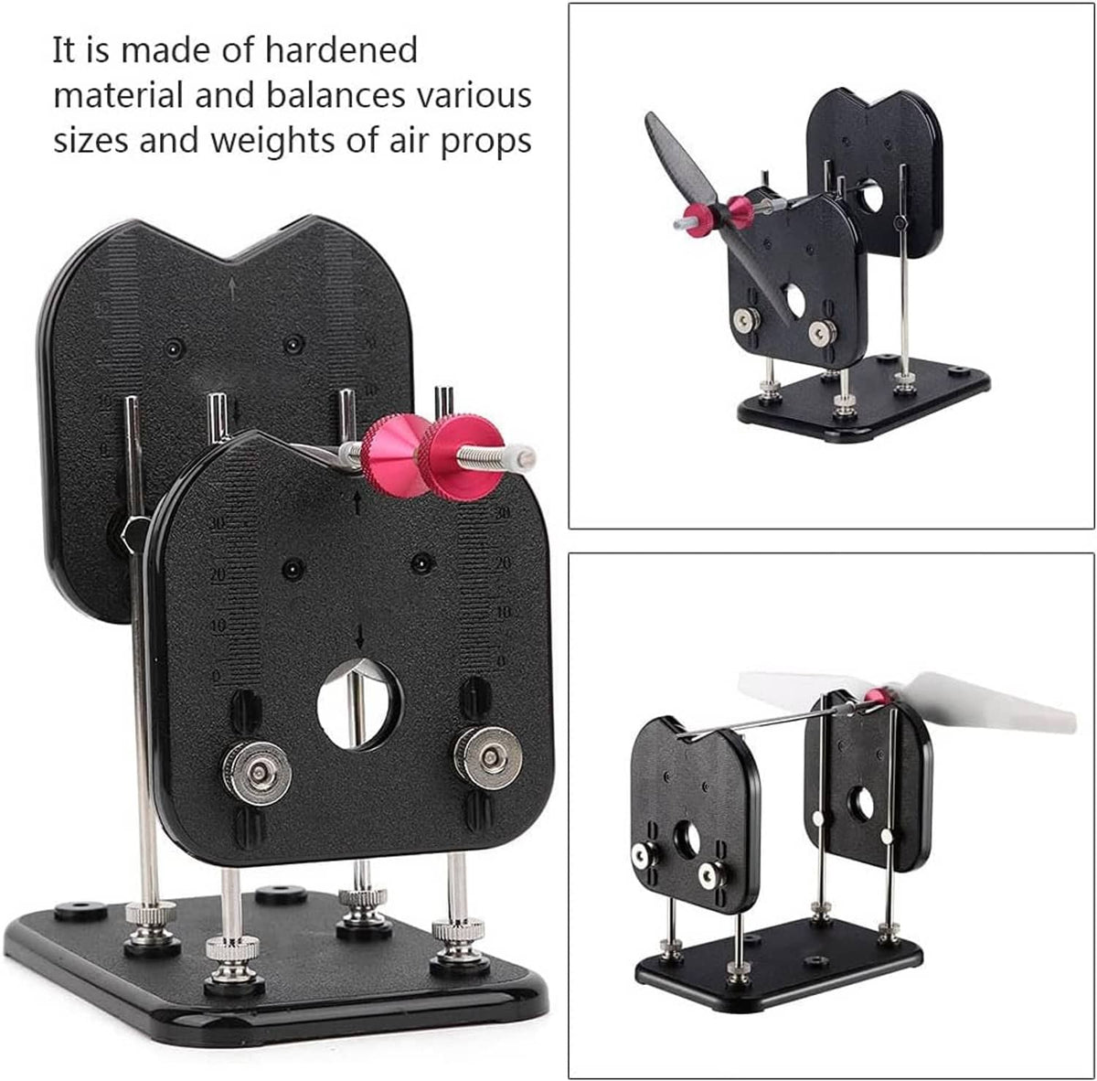 RC prop balancer stand with black frame, pink hub, and threaded metal balancing shaft