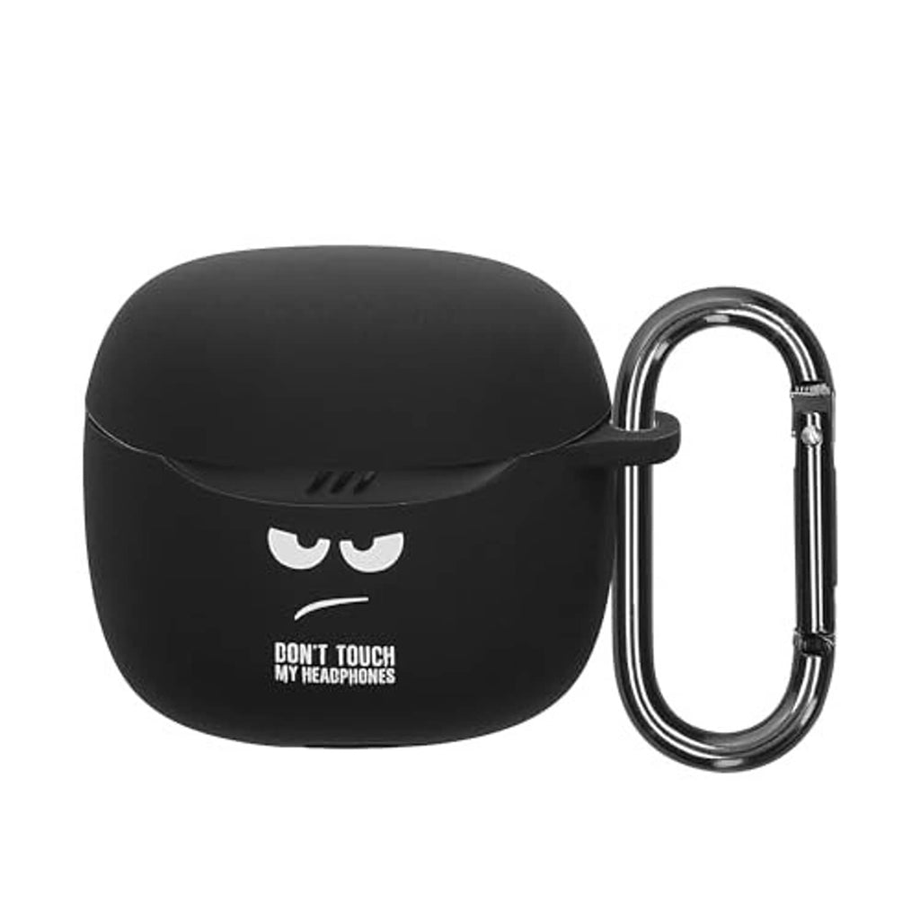 Black silicone earbuds charging case cover with carabiner, front face print