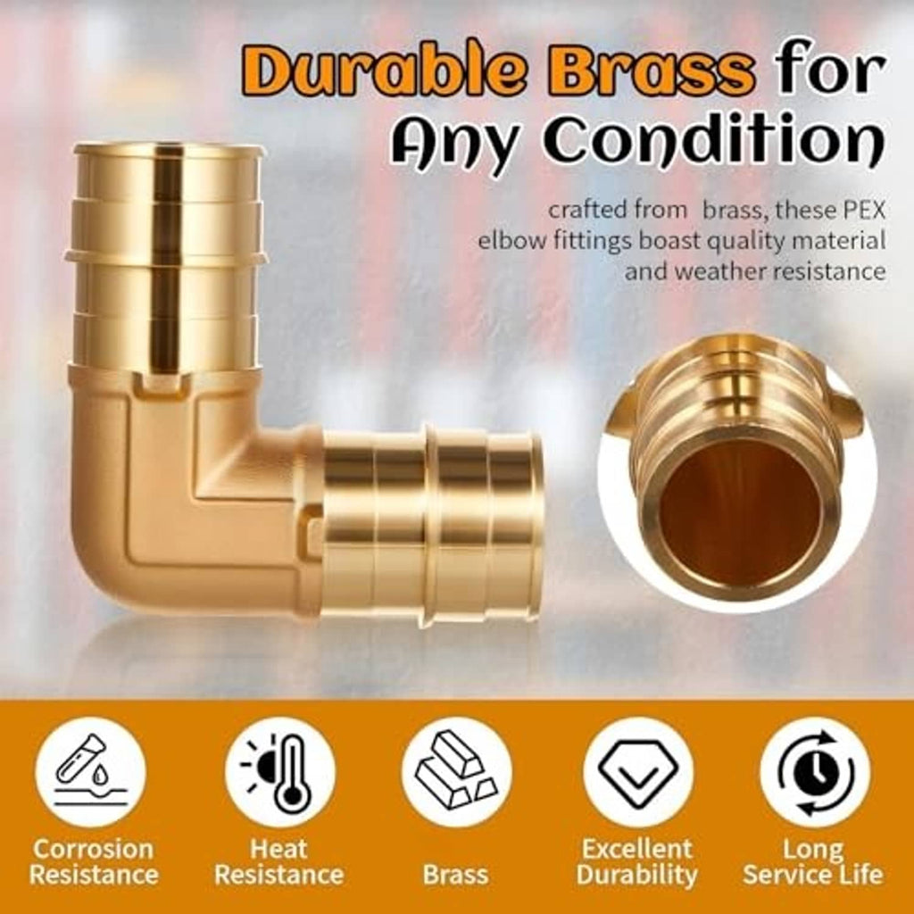 Solid brass PEX elbow fitting with close-up inset of the inner opening