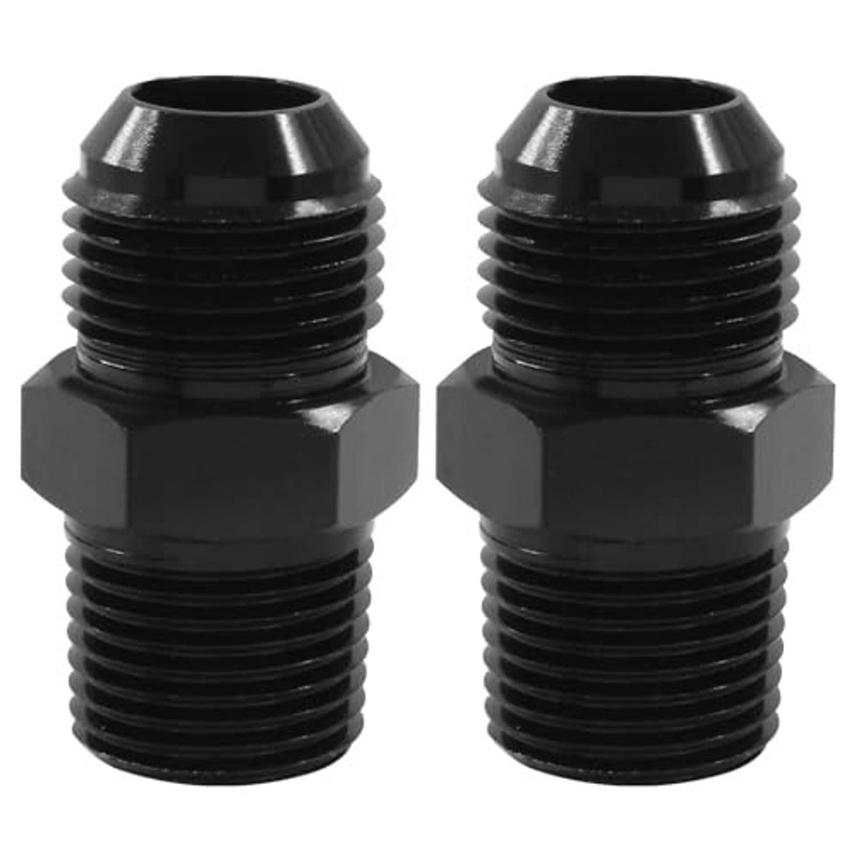 Black threaded pipe fitting adapter with hex body and flare opening, front view