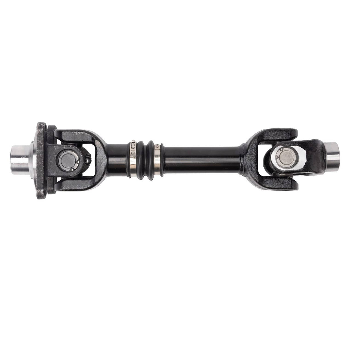 Rear prop drive shaft with metal caps, black boots, and yoke mounts at both ends