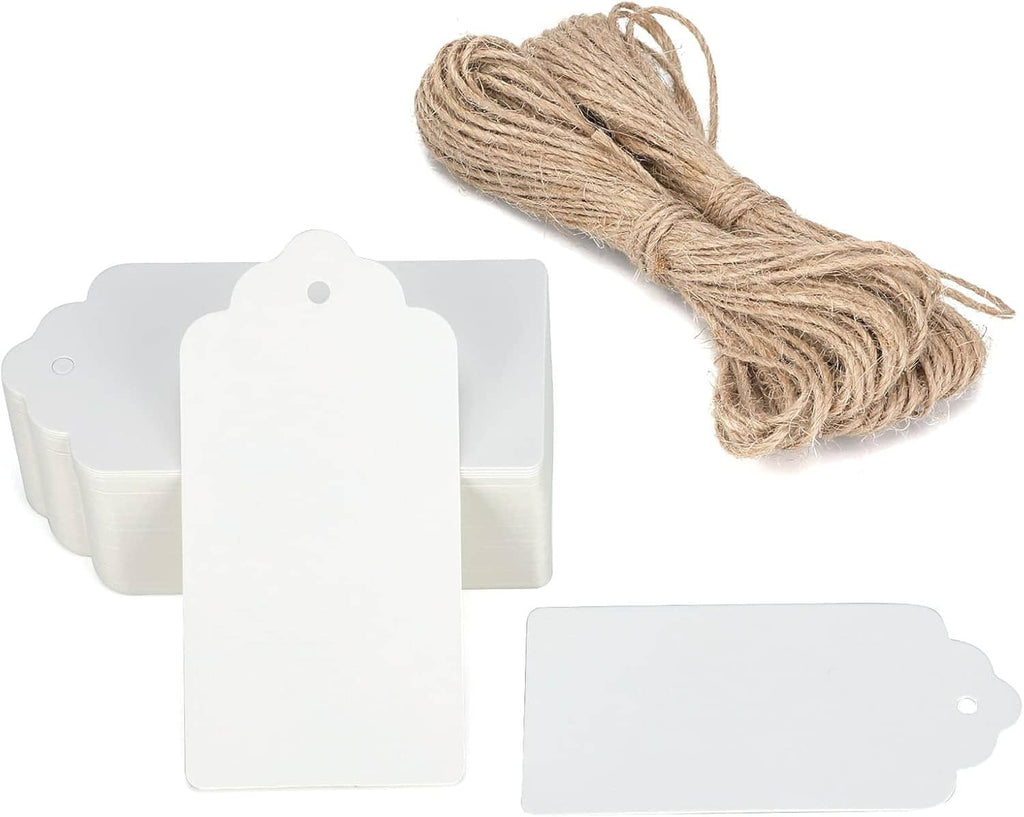 White rectangle paper gift tags with jute string, blank fronts and punched holes