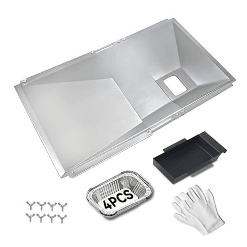 Stainless steel universal grill grease tray replacement with catch pan cutout