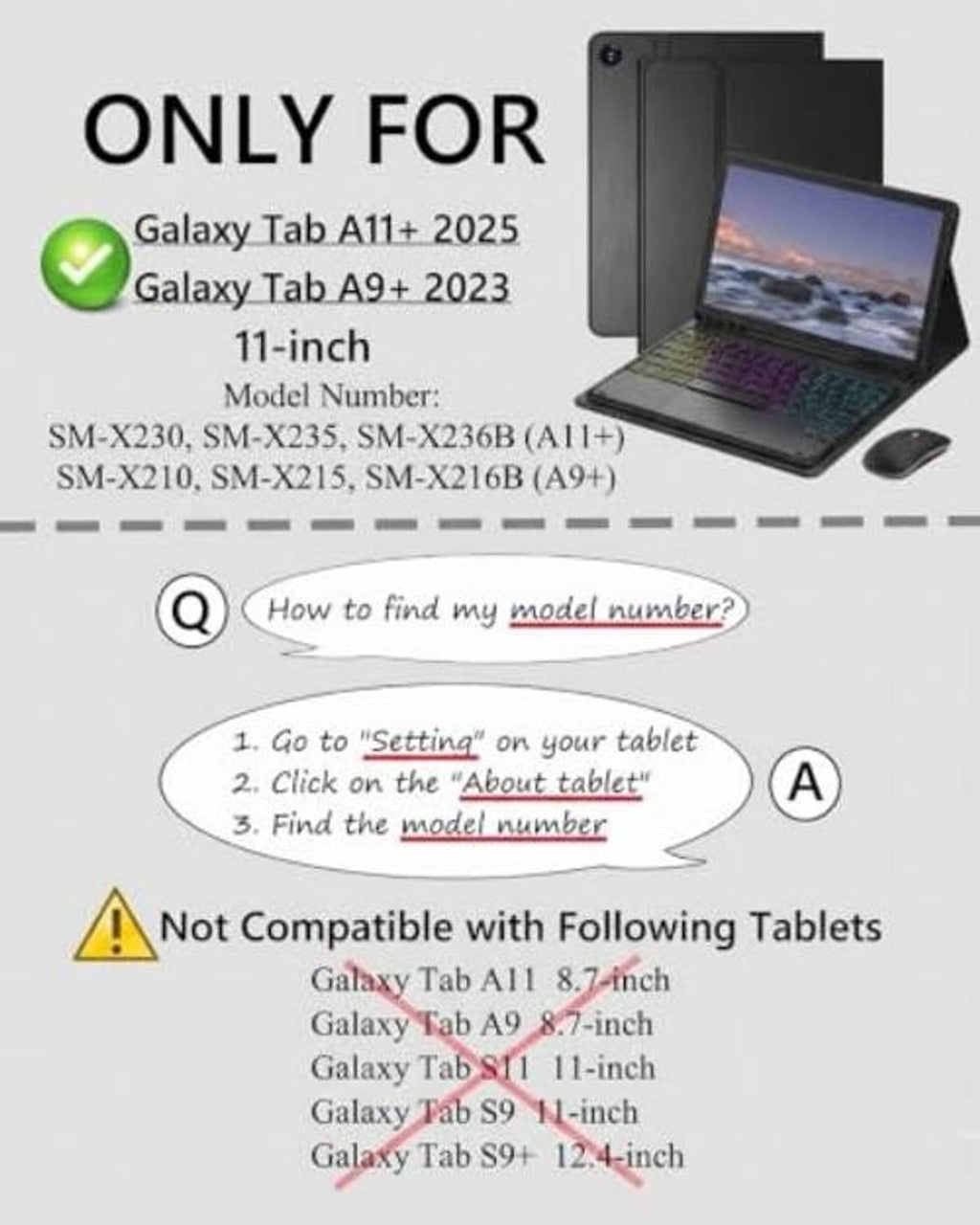 Compatibility guide for Samsung Galaxy Tab 11-inch case keyboard, model numbers listed