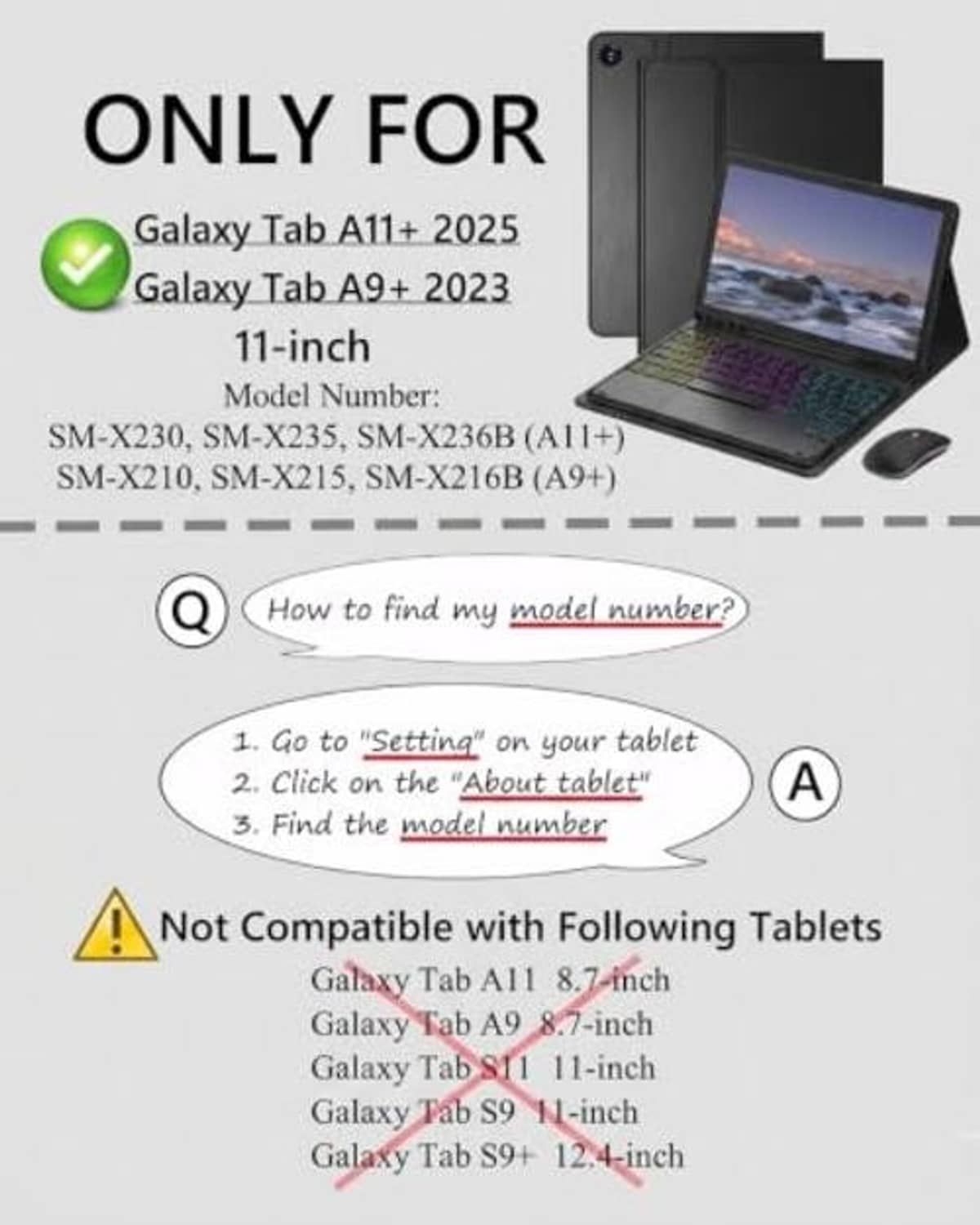 Compatibility guide for Samsung Galaxy Tab 11-inch case keyboard, model numbers listed