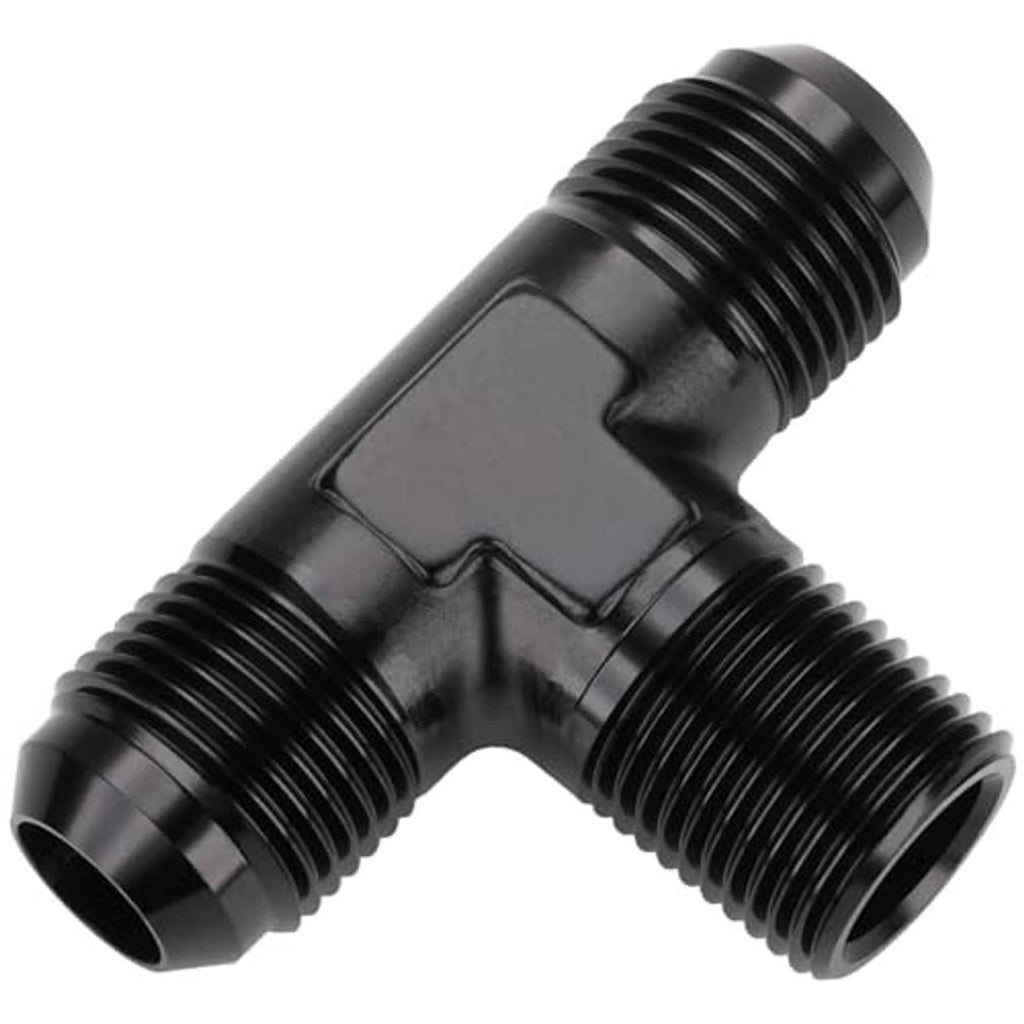Black AN flare tee connector with male threads on two sides and 1/2NPT center branch