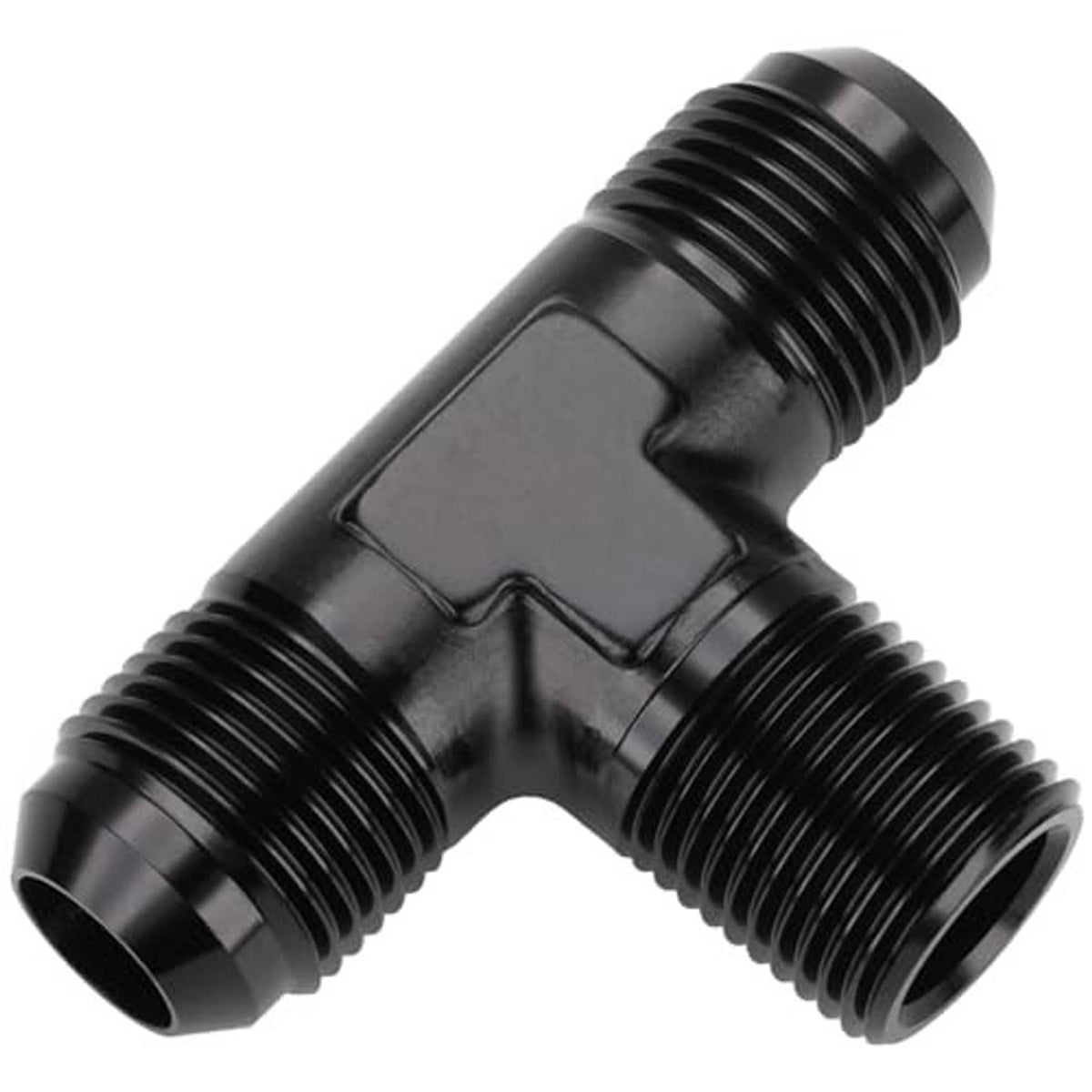 Black AN flare tee connector with male threads on two sides and 1/2NPT center branch