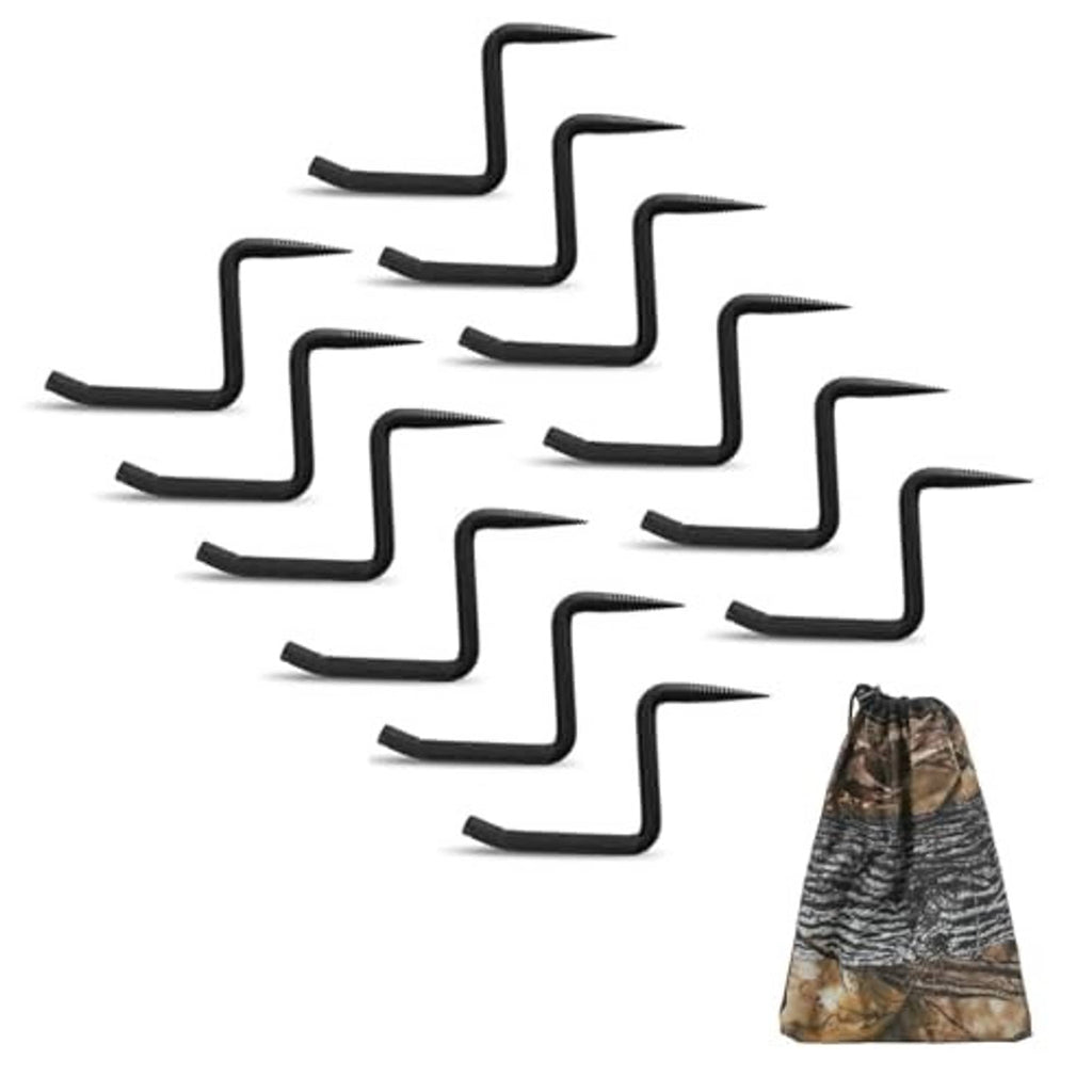 Twelve black screw-in climbing steps with pointed ends and a camo storage bag