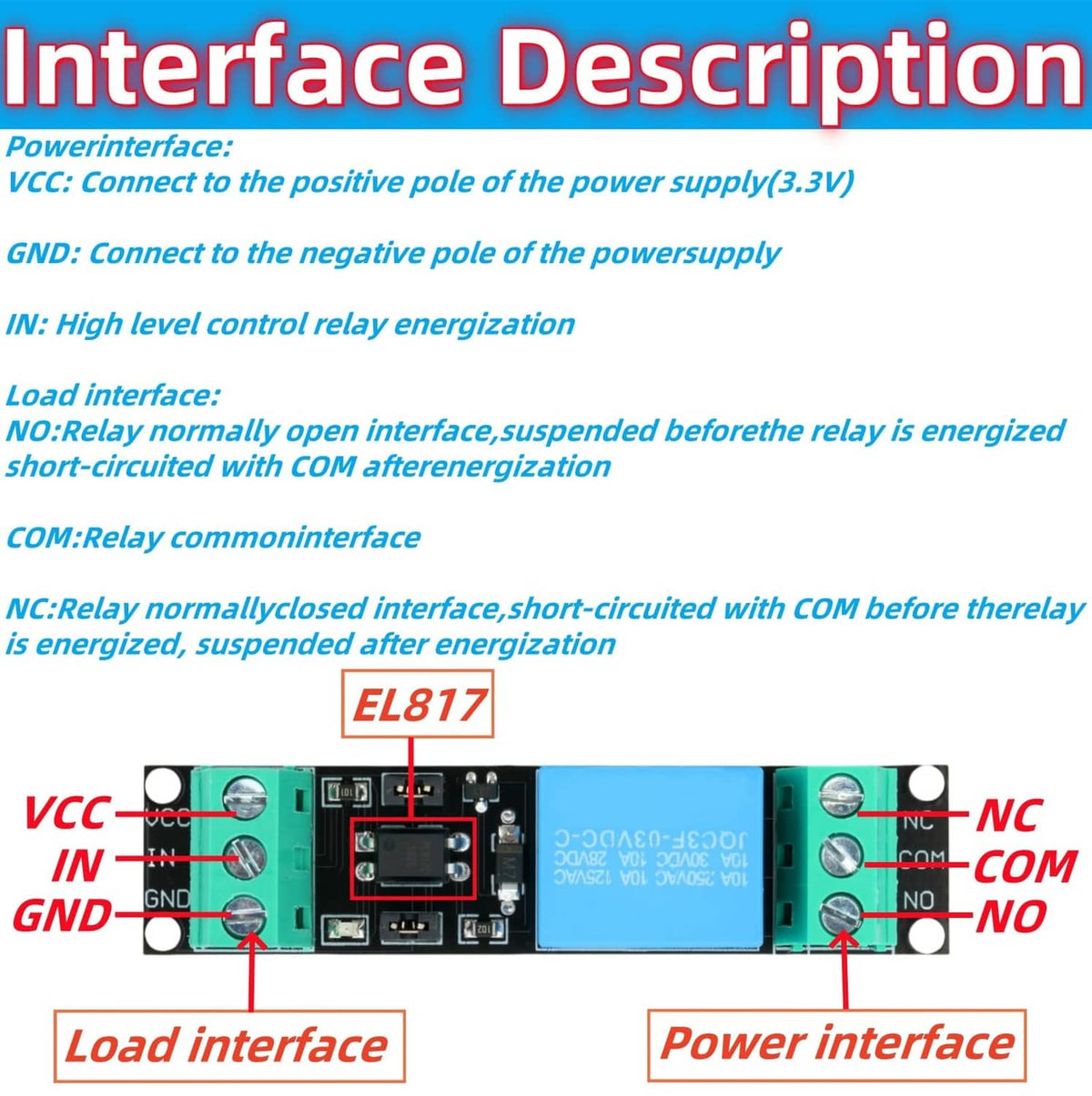 Relay module interface PCB with VCC, GND, IN, NO/NC/COM terminal labels
