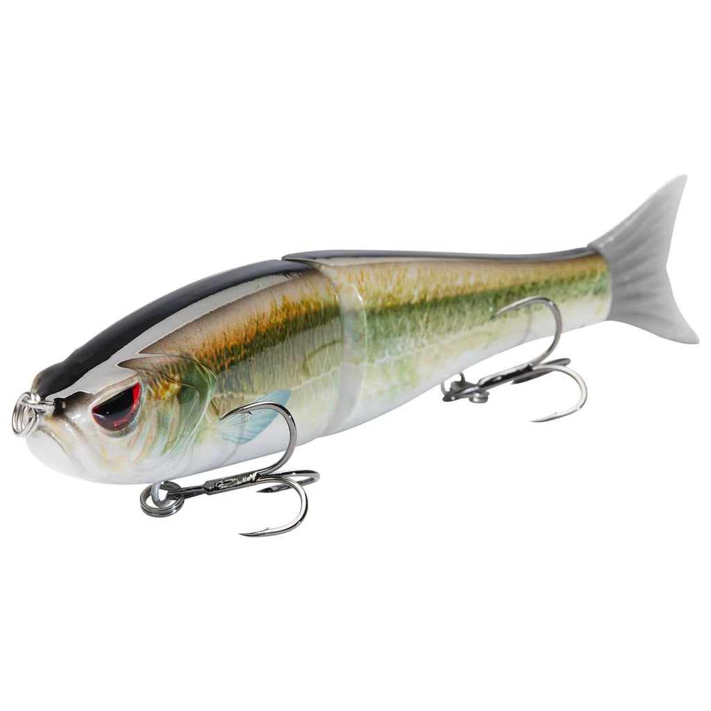 Gold-green and white glide bait with red eye detail and treble hooks
