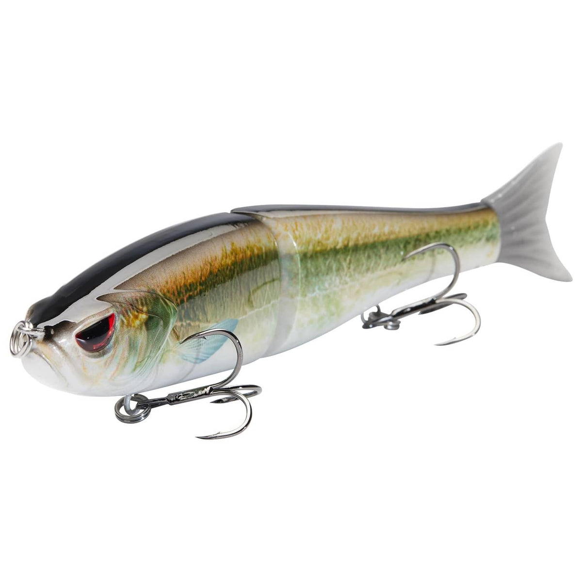 Gold-green and white glide bait with red eye detail and treble hooks