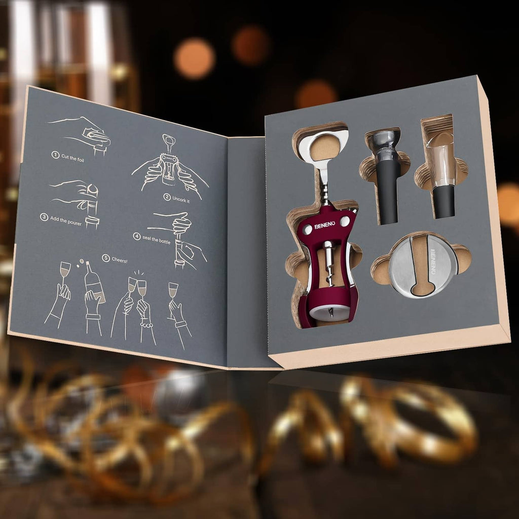 RivetOak Beneno Corkscrew Wine Bottle Opener Accessories Gift Set, Red