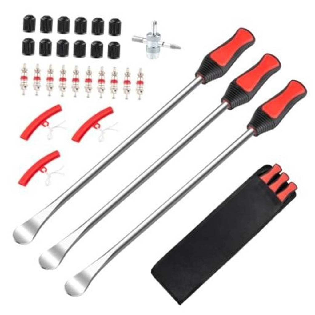 Tire spoons and valve tool kit with black/red handles, valve caps, and valve cores