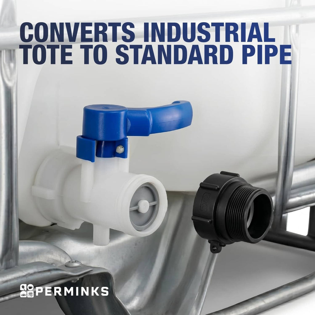 IBC tote outlet adapter connected to standard plumbing pipe with black NPT coupling.