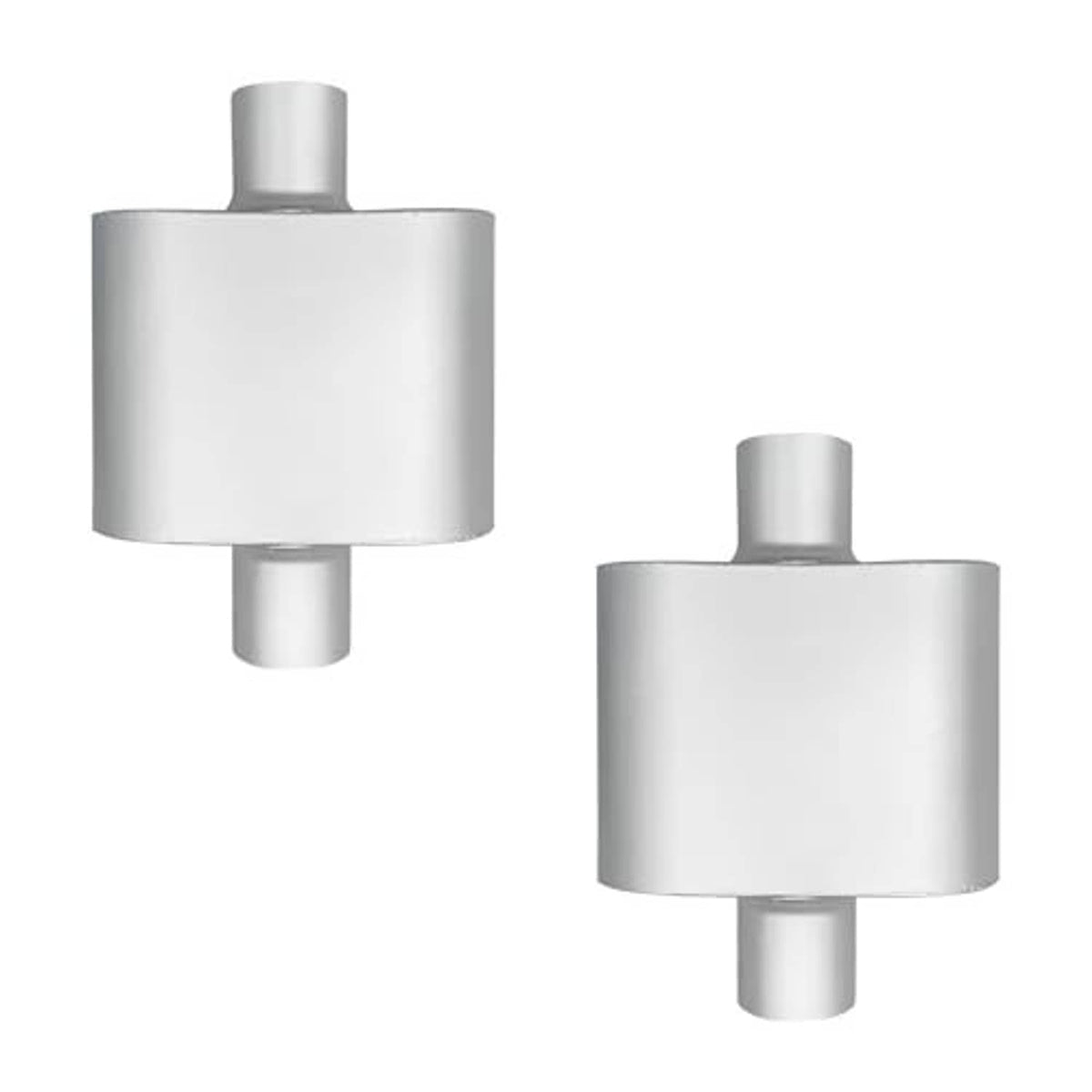 Silver single-chamber muffler, side view with inlet and outlet ports