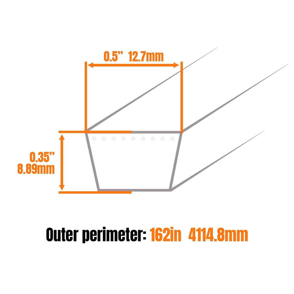 V-belt cross-section diagram with outer perimeter and width measurement callouts