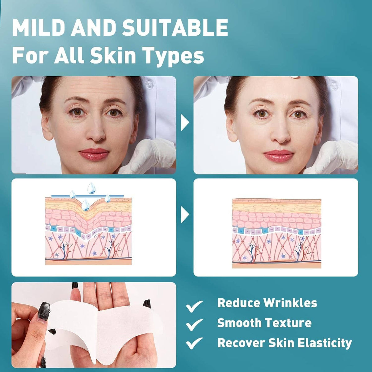 Forehead wrinkle patch on face with checkmarks for all skin types