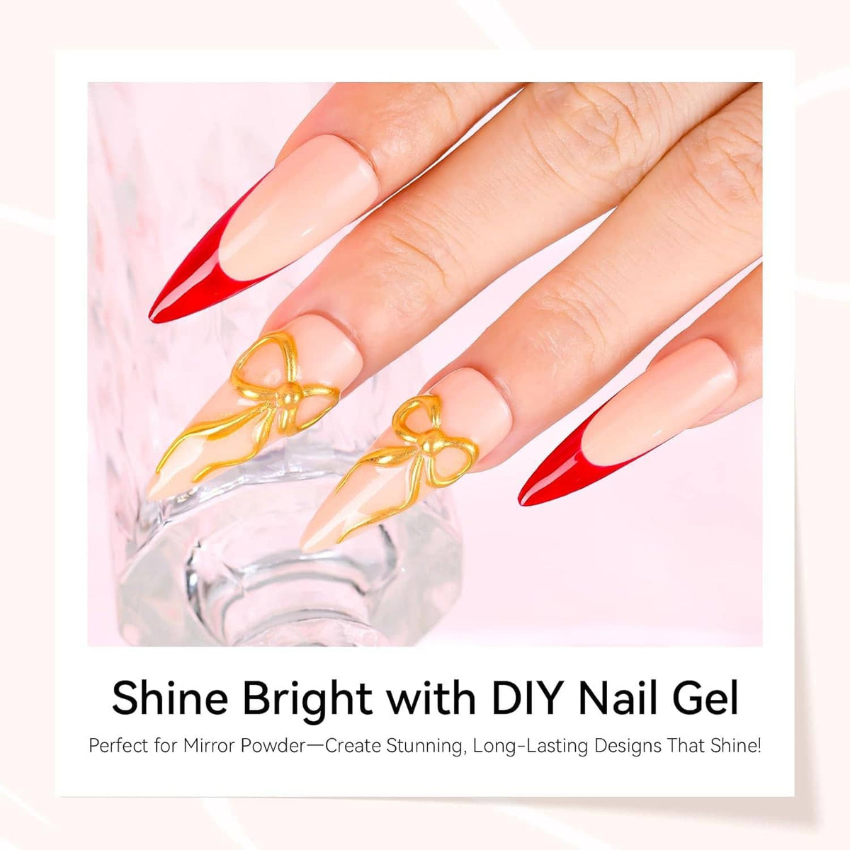 DIY nail gel manicure, glossy nude nails with red tips and gold bow charms