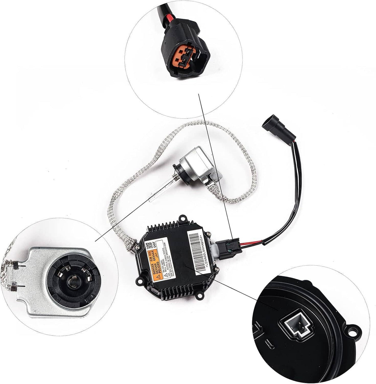 HID ballast igniter kit components with D2S bulb, wiring leads, and electrical connector