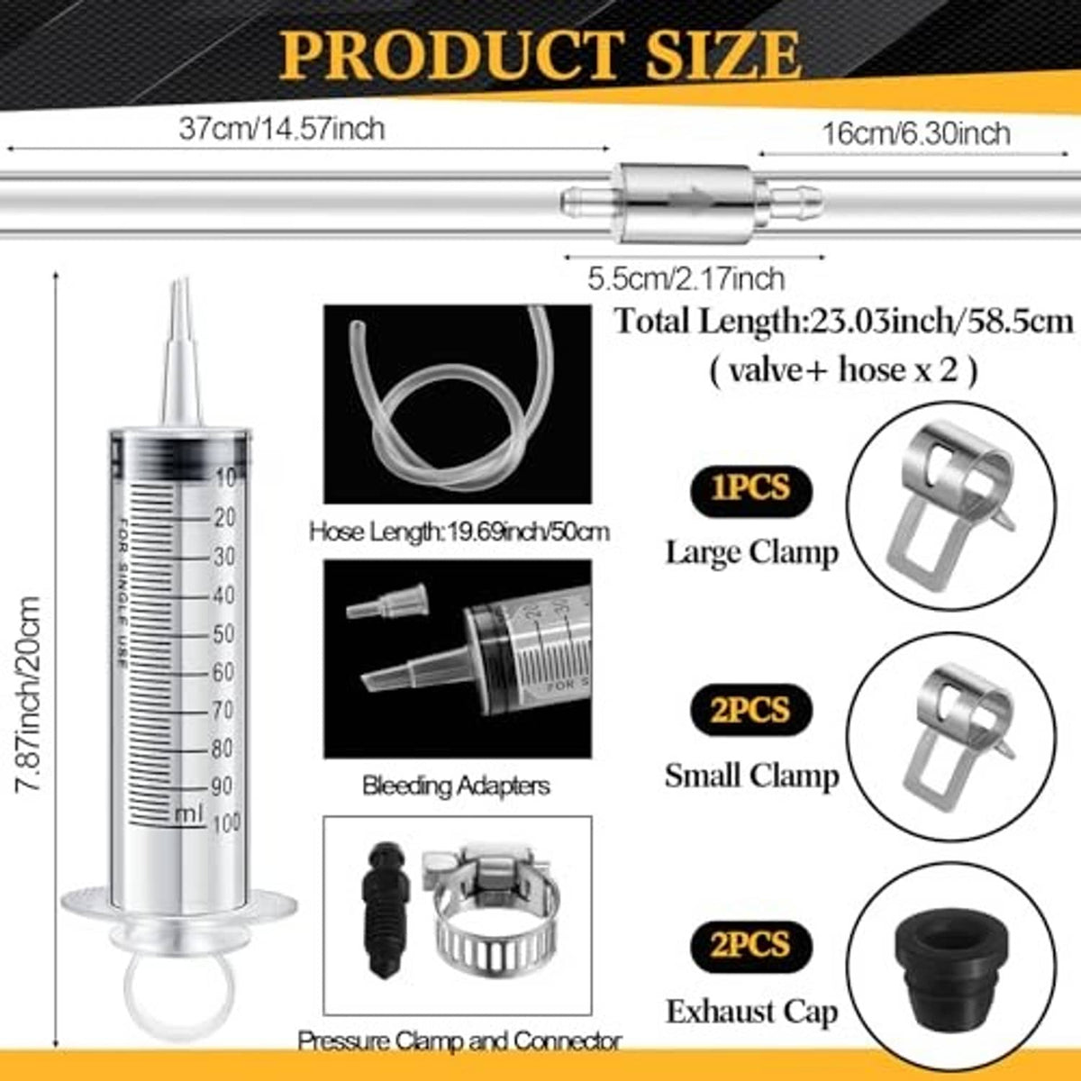 Brake bleeding kit size diagram with 100ml syringe, hose line, clamps, and adapters