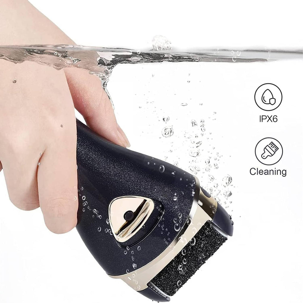 Rechargeable foot callus remover with roller head in water-splash conditions