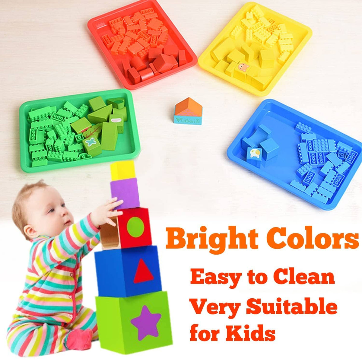 Bright color plastic art trays with geometric block pieces, easy-clean kid activity