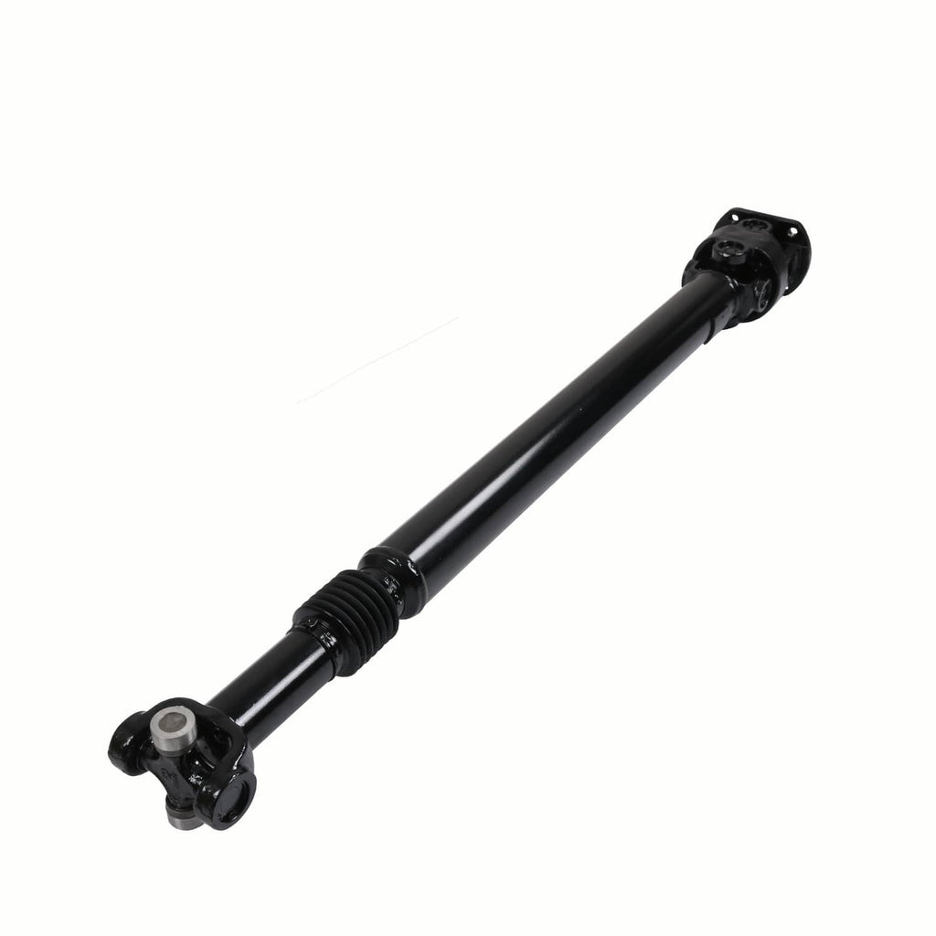 Front driveshaft prop shaft angled view with black tube and cross joint caps