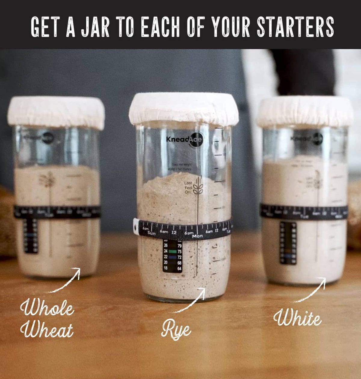 Multiple sourdough starter jars on a wooden table, labeled whole wheat and rye