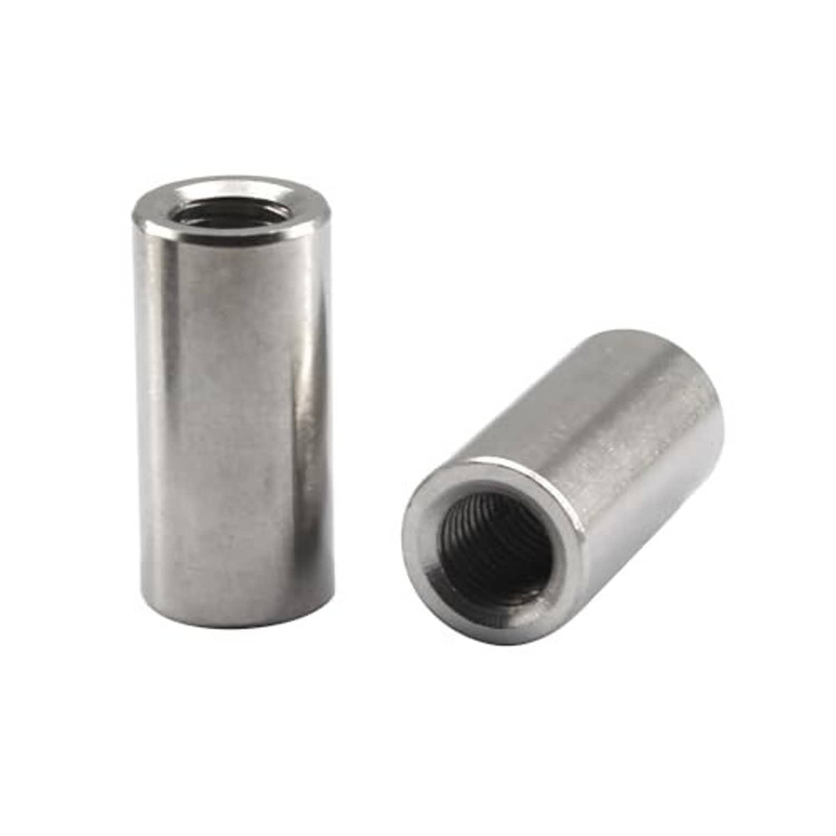 Round stainless steel sleeve nut with hexless body and visible internal thread